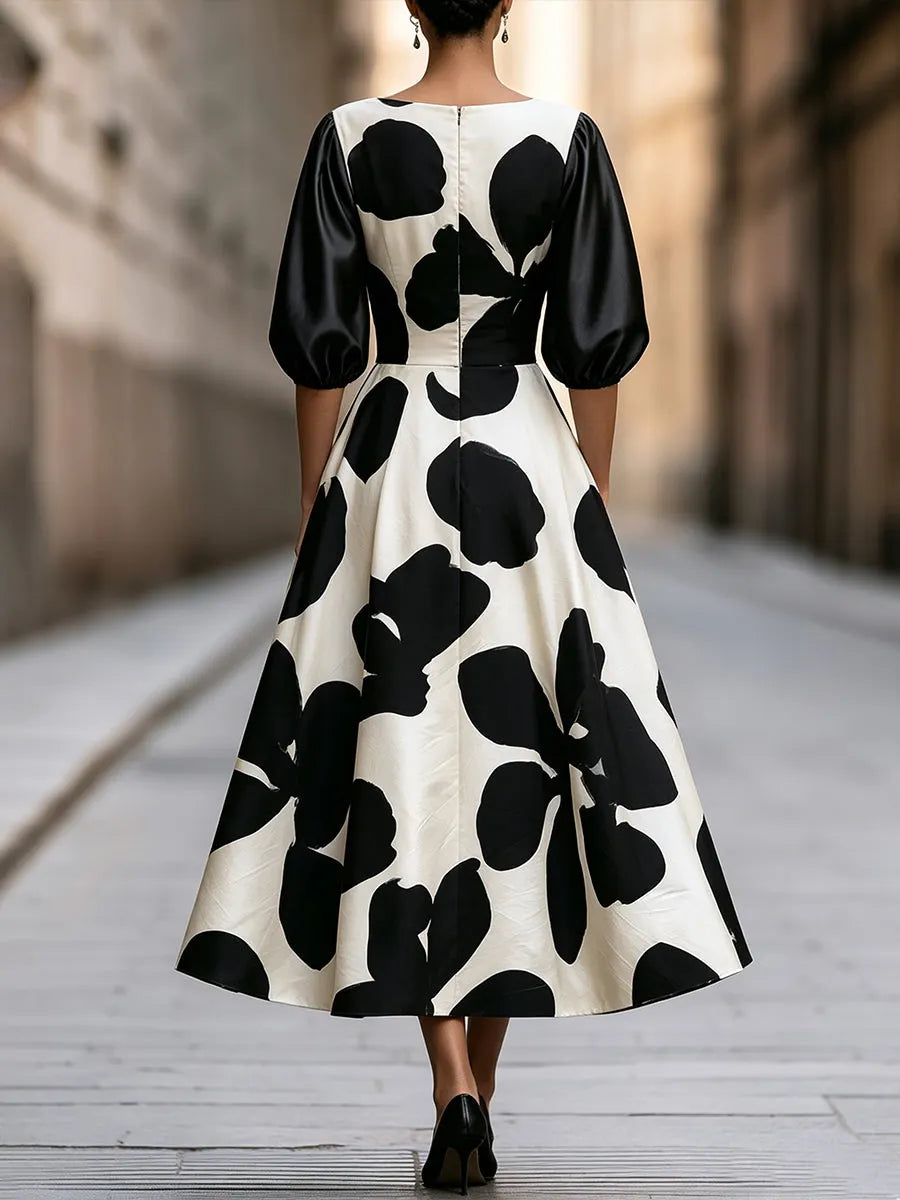 Black And Ivory Abstract Floral Puff Sleeve Maxi Dress