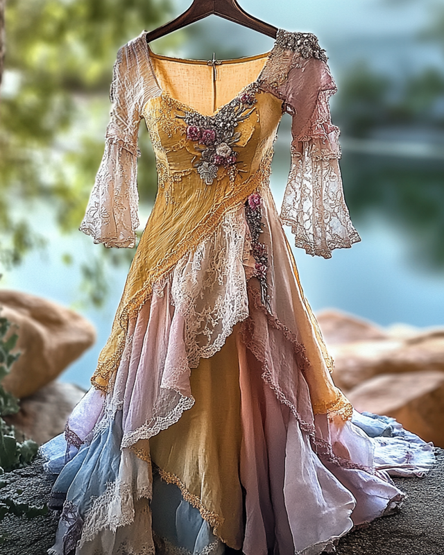 Summer Irregular Lace Patchwork BeadedRuffle Dress d96e