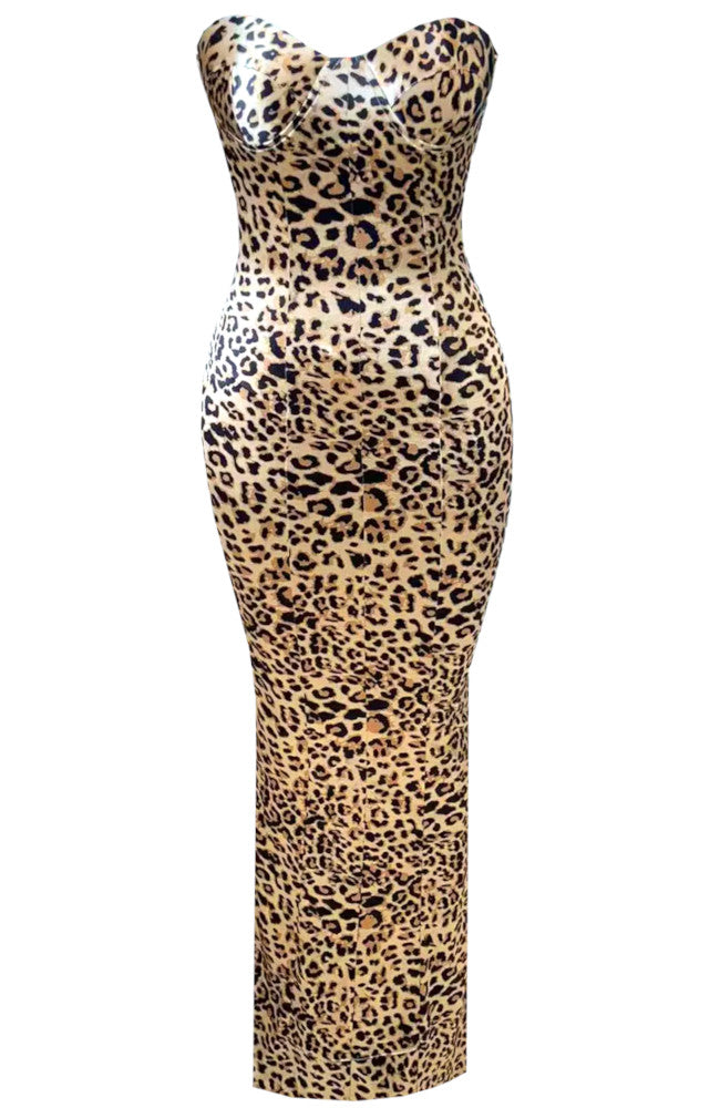 Animal Print Strapless Bustier Maxi Dress