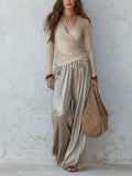 Coastal Evening Draped Wrap Top & Metallic Pleated Trousers Set
