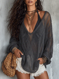 Elegant Lightweight Vacation Smoke Grey Knit Blouse