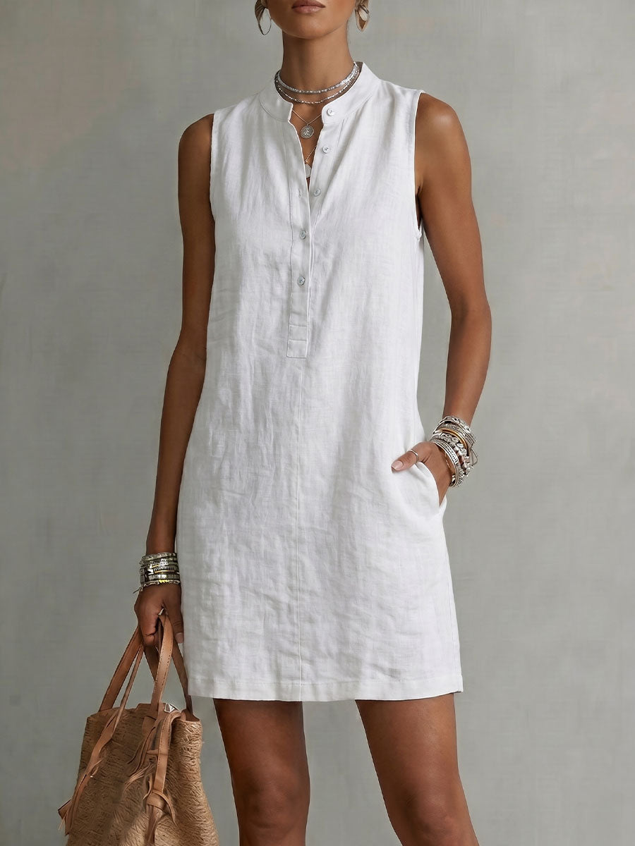Women's Sleeveless Stand-collar Cotton Dress