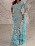 One Shoulder Long Sleeve 3D Petal Rhinestone Sheer Mermaid Evening Gown, Sky Blue Cutout Waist Formal Maxi Dress