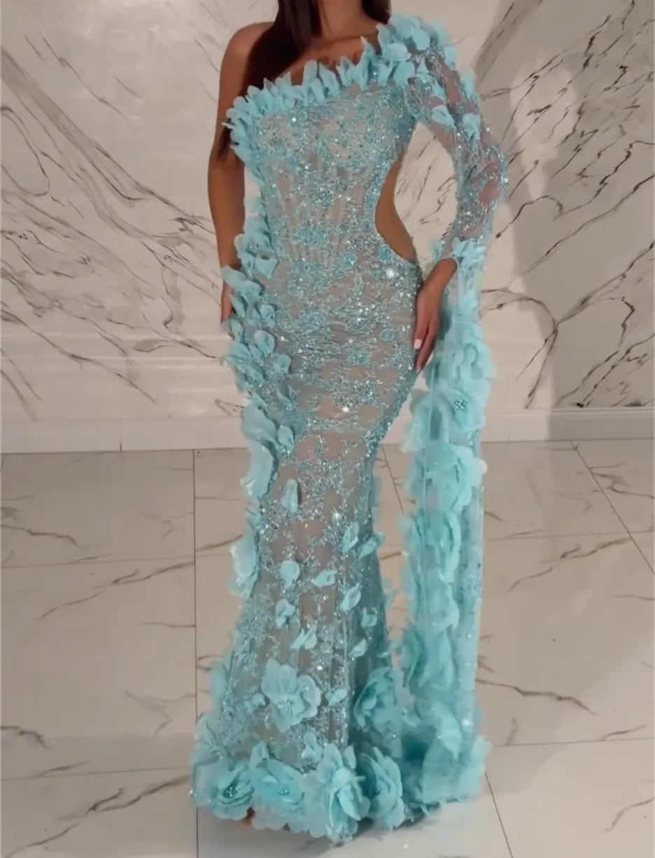 One Shoulder Long Sleeve 3D Petal Rhinestone Sheer Mermaid Evening Gown, Sky Blue Cutout Waist Formal Maxi Dress