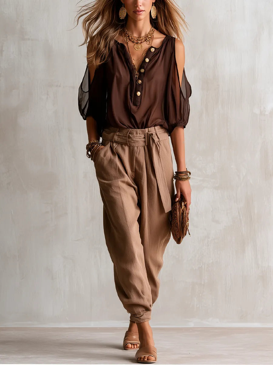 Bohemian Brown Off The Shoulder Top And Lantern Pants Set