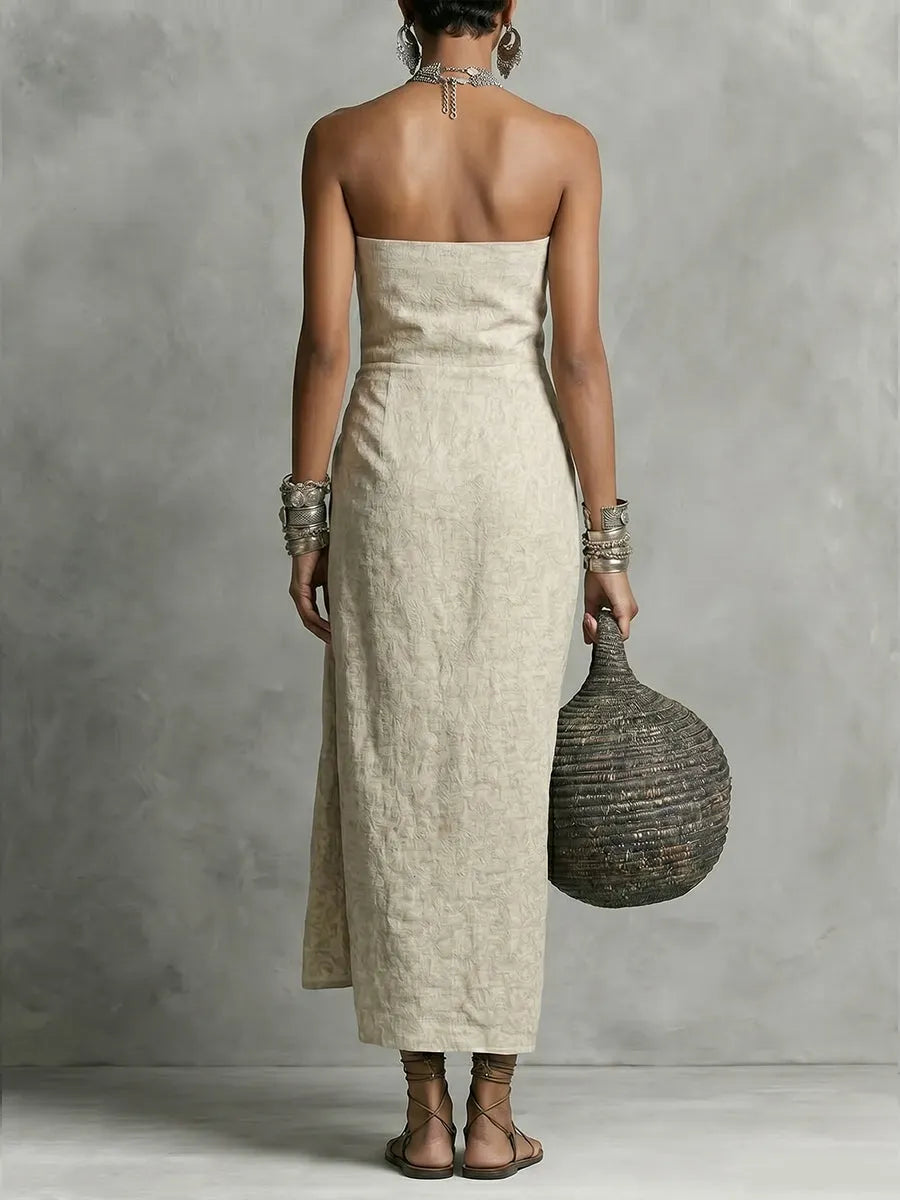 Women's Elegant Strapless Ruched Linen Cotton Dress