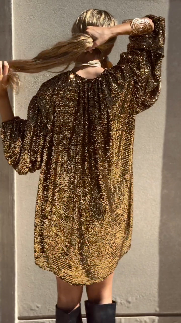 Gold V-Neck Sequined Party Dress