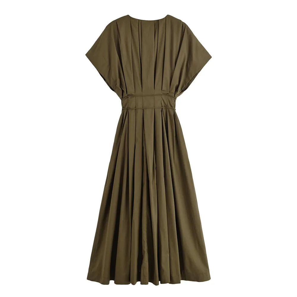 Salomé Pleated Kimono Sleeve Maxi Dress – Structured A-Line Occasion Gown with Waist Tie