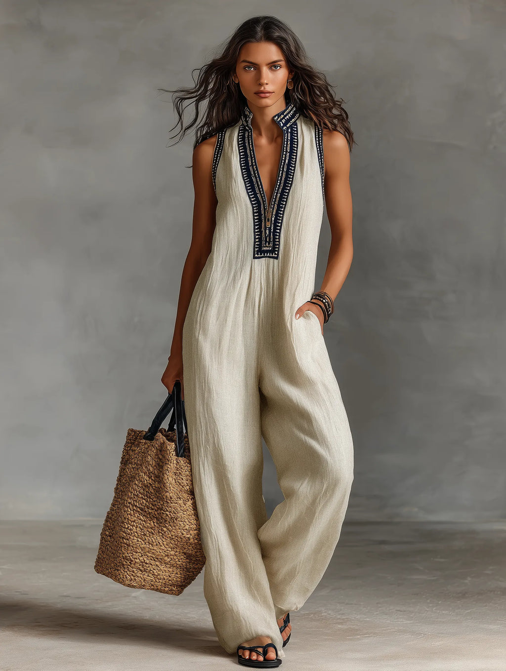 Women's Minimalist Linen Blend Sleeveless Jumpsuit With Zipper And Stand Collar, Featuring Embroidery MDZ0627B3Y