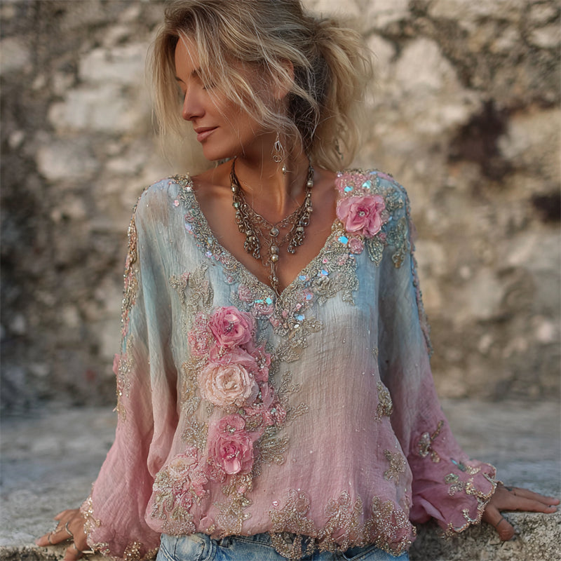 Boho Roses Glitter Diamonds Beaded Gradient Flowy Tunic