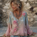 Boho Roses Glitter Diamonds Beaded Gradient Flowy Tunic