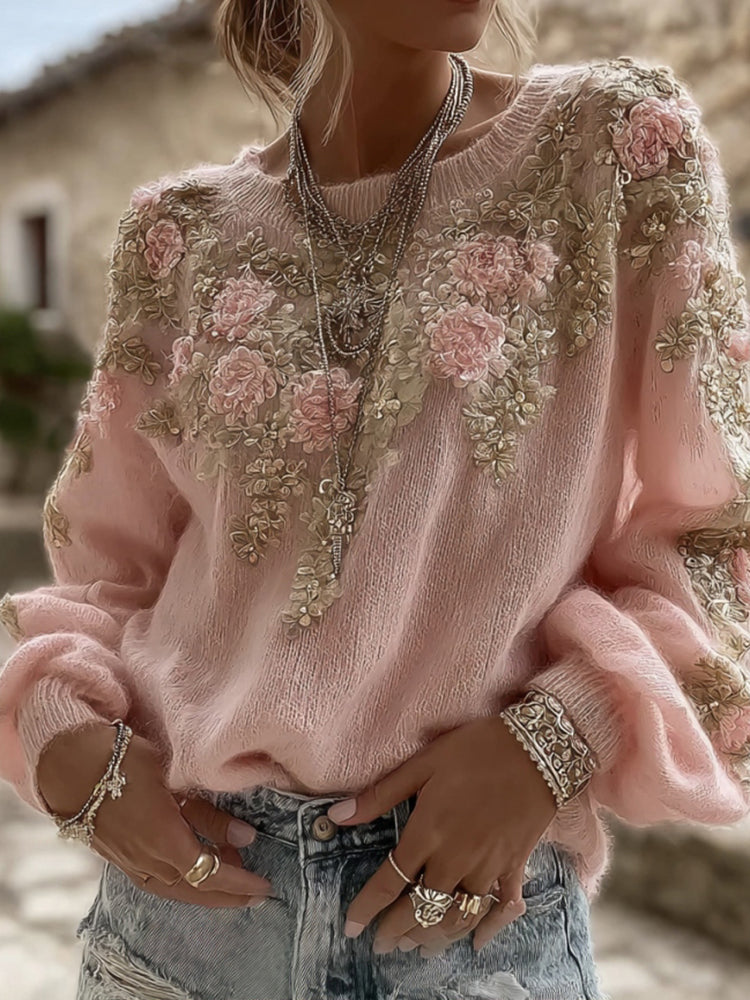 Women's Pink Flowers Embroidery Art Knit Sweater