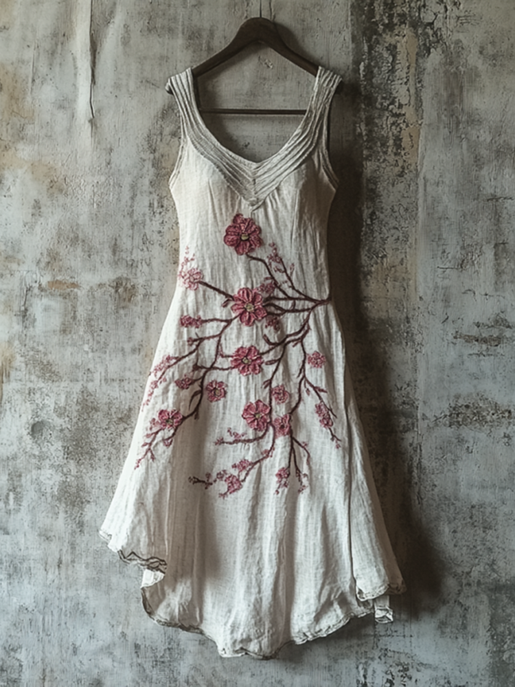 Vintage Celtic Knot With Cherry Blossoms Pattern Linen Tank Dress