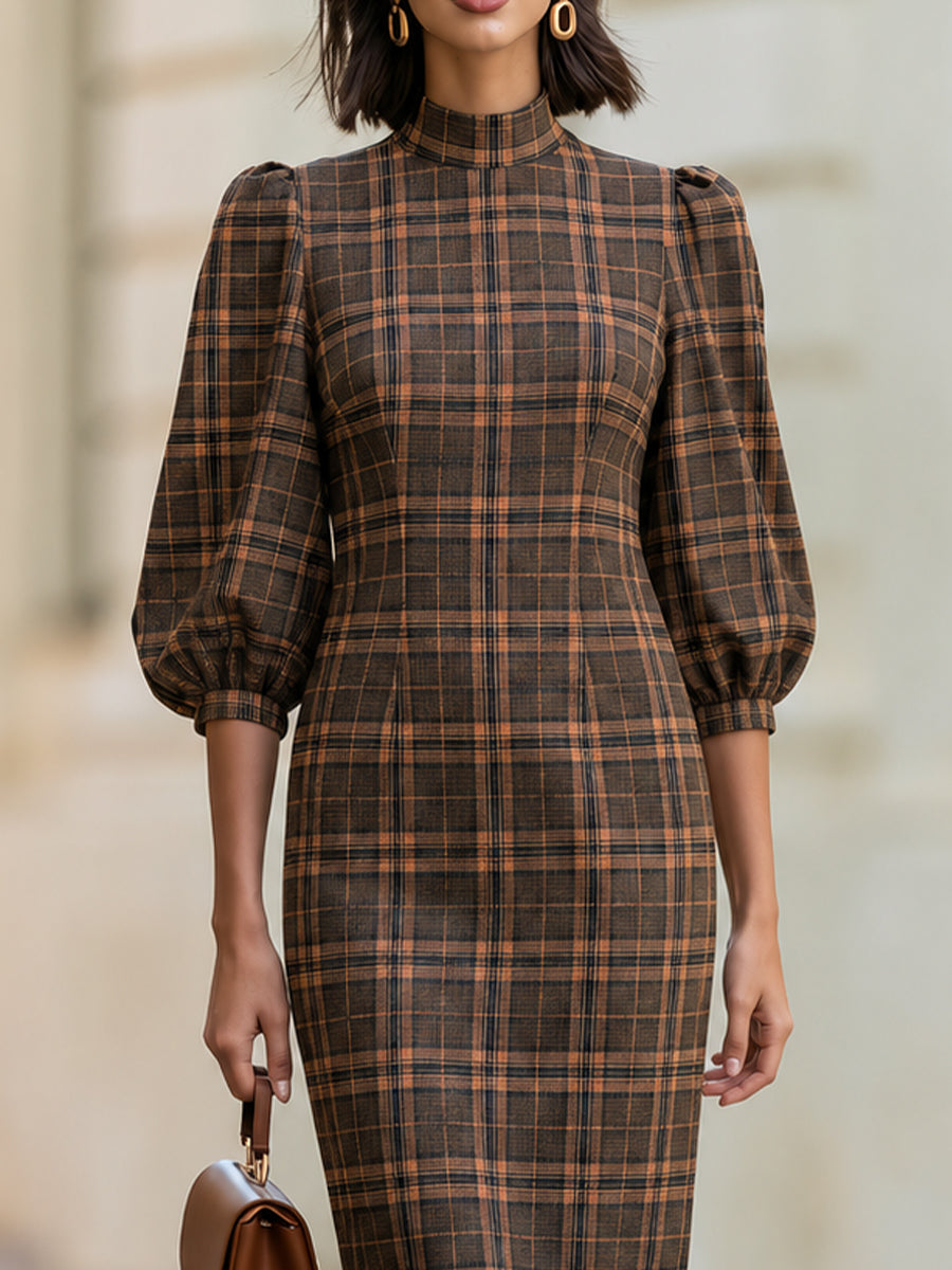 High Neck Puff Balloon Sleeve Brown Plaid Midi  Dress