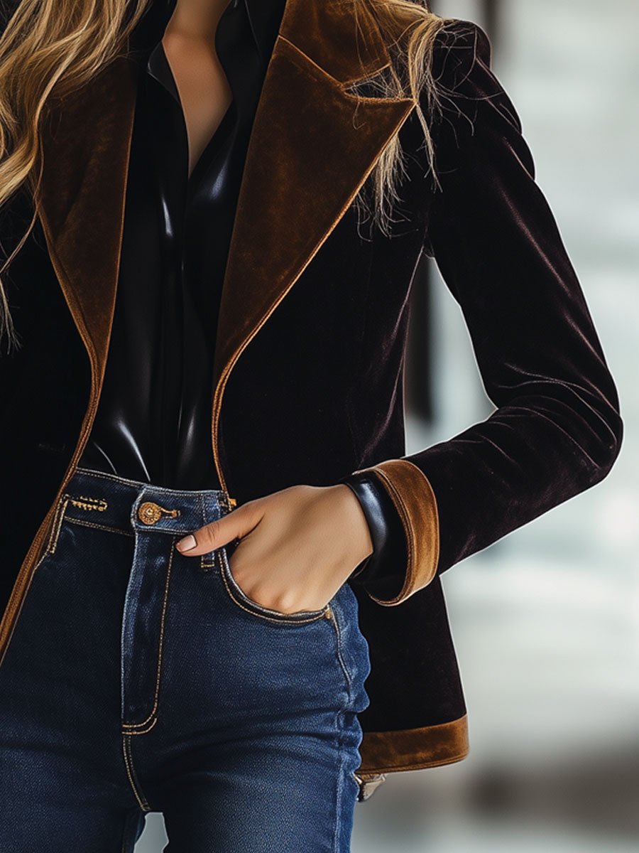 [24-hour shipping out]Casual Loose Vintage Velvet Colorblock Lapel Pocket Blazer
