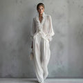 Elegant White Ruffle V-Neck Set - Flowy Lantern Sleeve Top & Wide Leg Pants Resort Suite