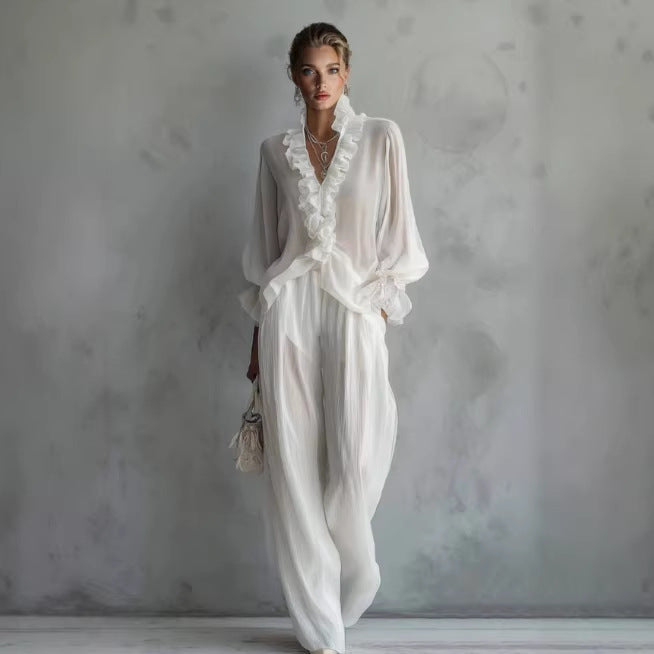 Elegant White Ruffle V-Neck Set - Flowy Lantern Sleeve Top & Wide Leg Pants Resort Suite