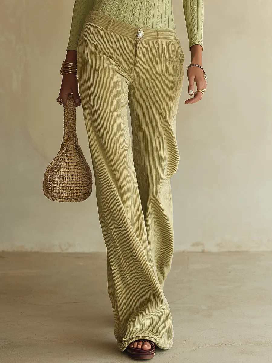 Retro Boho Cable Knit Top & Corduroy Wide Leg Pants Set