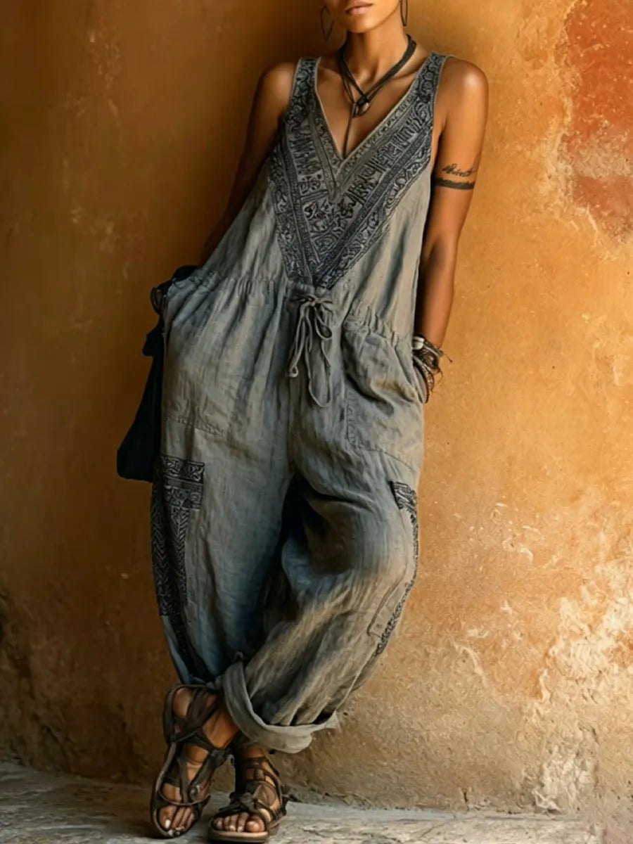 Bohemian Embroidered Drawstring Cotton-linen Jumpsuit