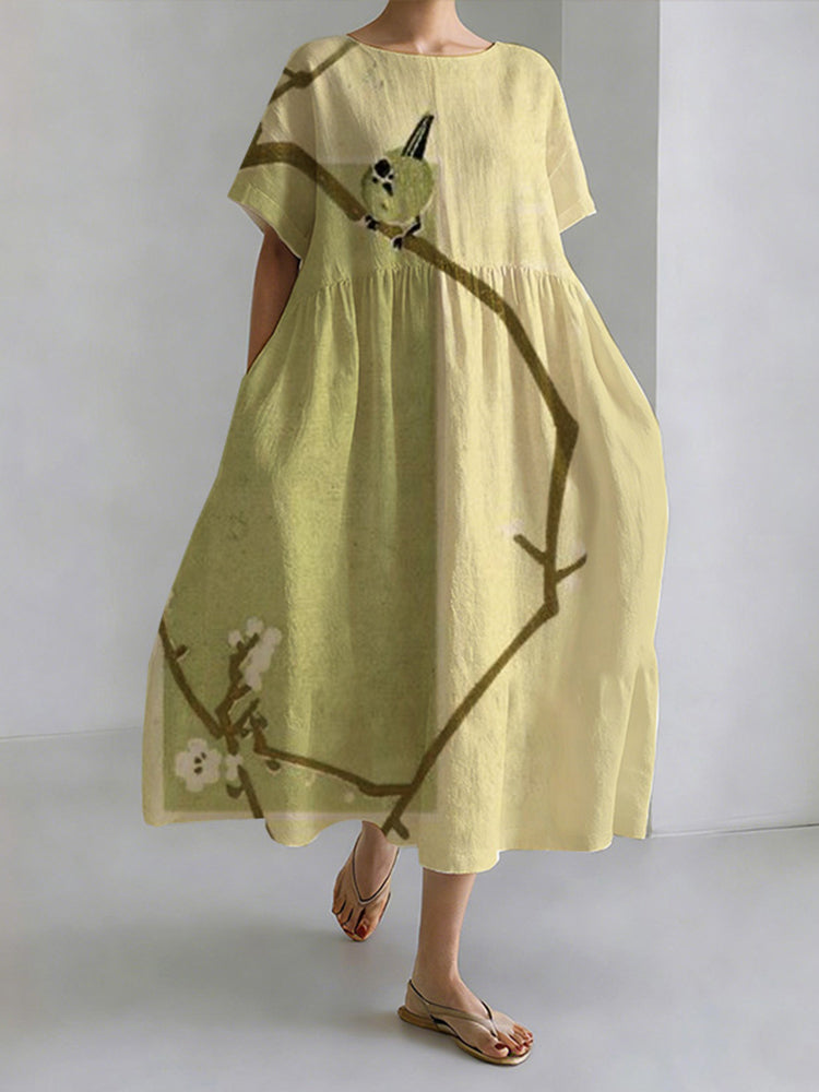 Japanese Style Magpie Perched On A Tree Branch Round Neck Casual Dress