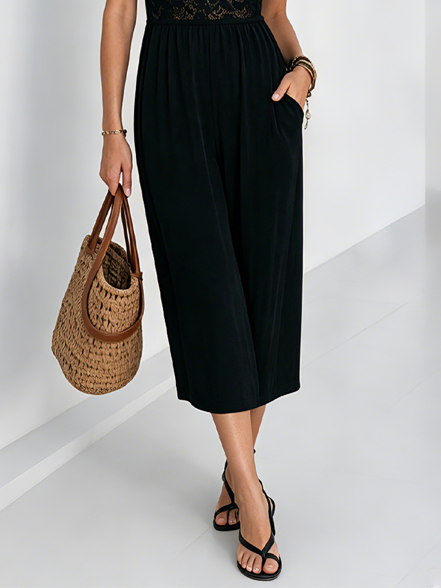 Resort Black Halter Neck Lace Trim A-Line Midi Dress