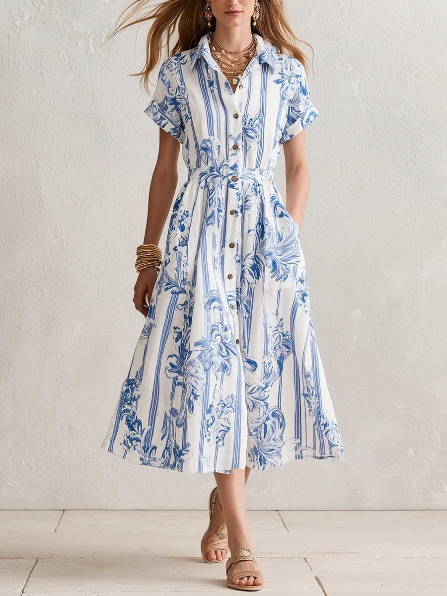 Vintage White Blue Floral Stripe Shirt Midi Dress