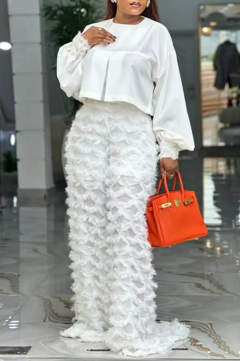 White Lantern Sleeve Top & Feather Tassel Wide-Leg Pants Set