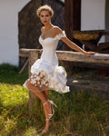 Handmade Flower decorated Off the shoulder sleeveless Lace up back Midi ruffled skirt Floral wedding dress