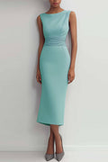 Wedding Guest Semi-Formal Dress Teal Waist Ruched Sleeveless Midi Dress