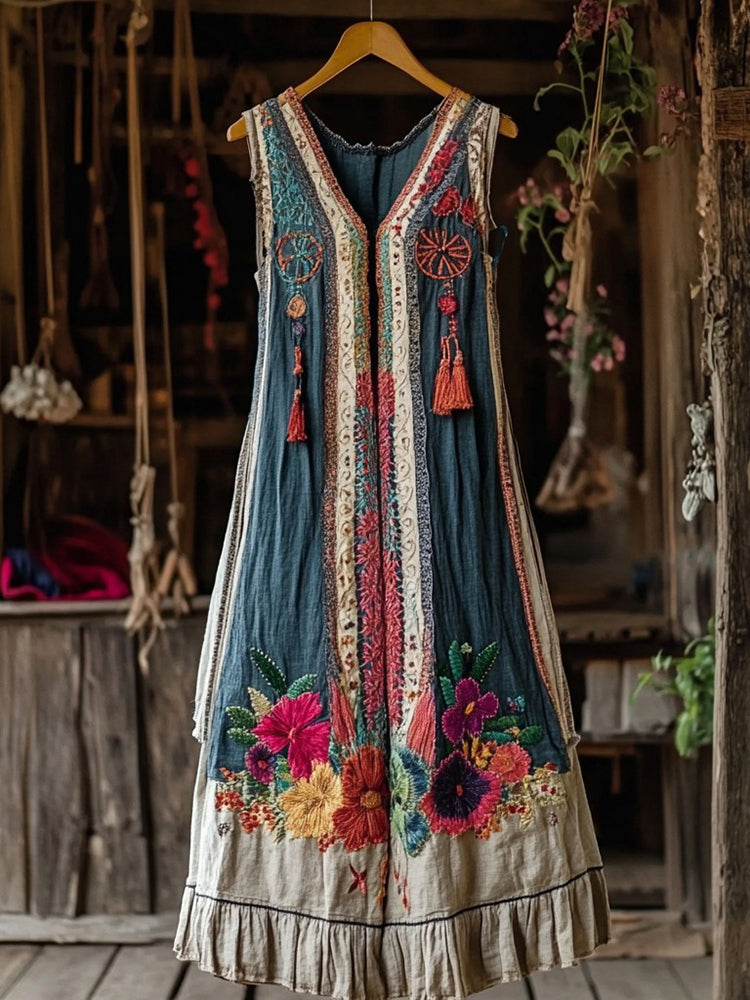 Women's Vintage Colored Floral Embroidery Tassel Art Patchwork Dress