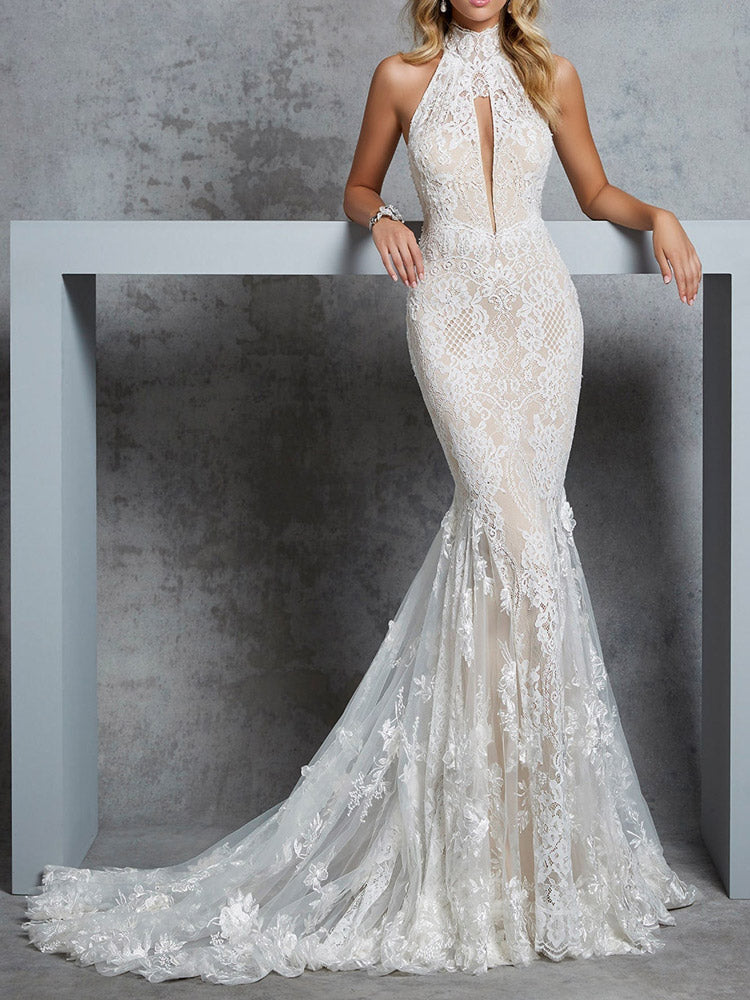 Halter-Neck Lace Hollow Backless Mermaid White Wedding Maxi Dress
