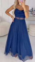 Navy Blue Sequin Strapless Maxi Dress