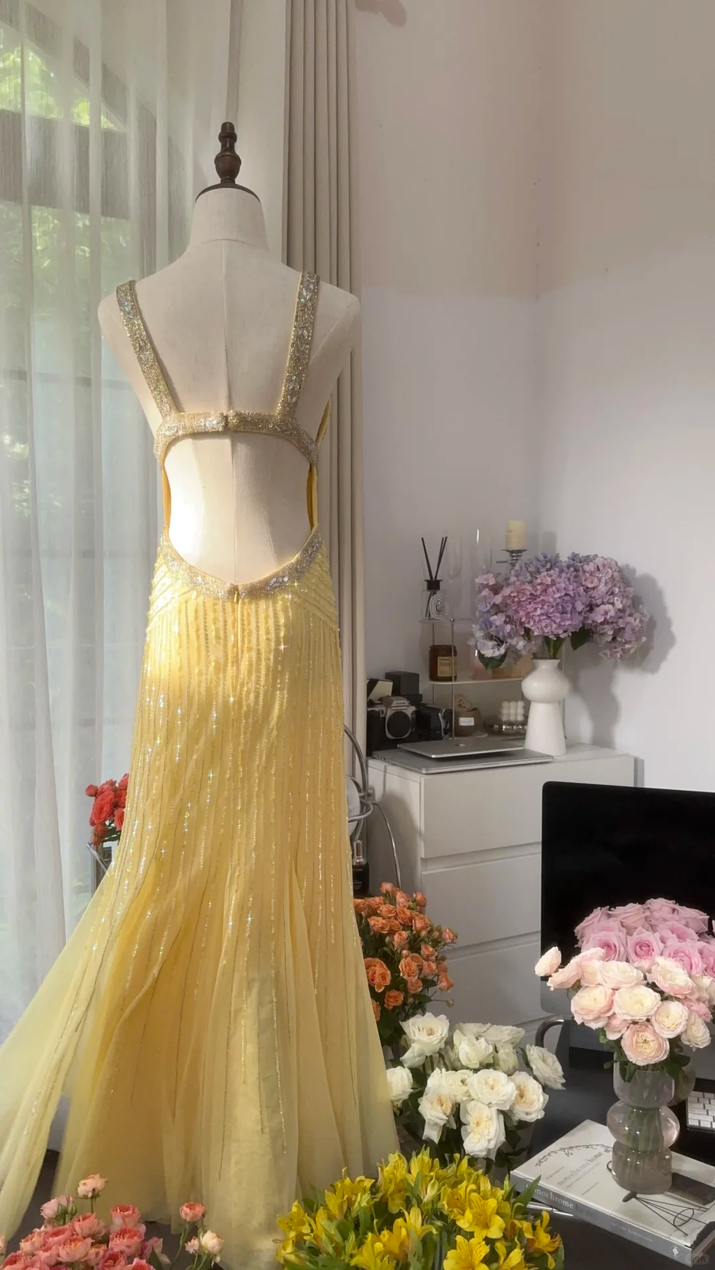 Lit Yellow Gorgeous Shiny Fashion Elegant Exquisite Beaded Long Tulle Backless Fairy Ball Gown Evening Dress Birthday/Wedding Guest/Holiday Party Dress Prom Dress Valentine's Day Date Dress