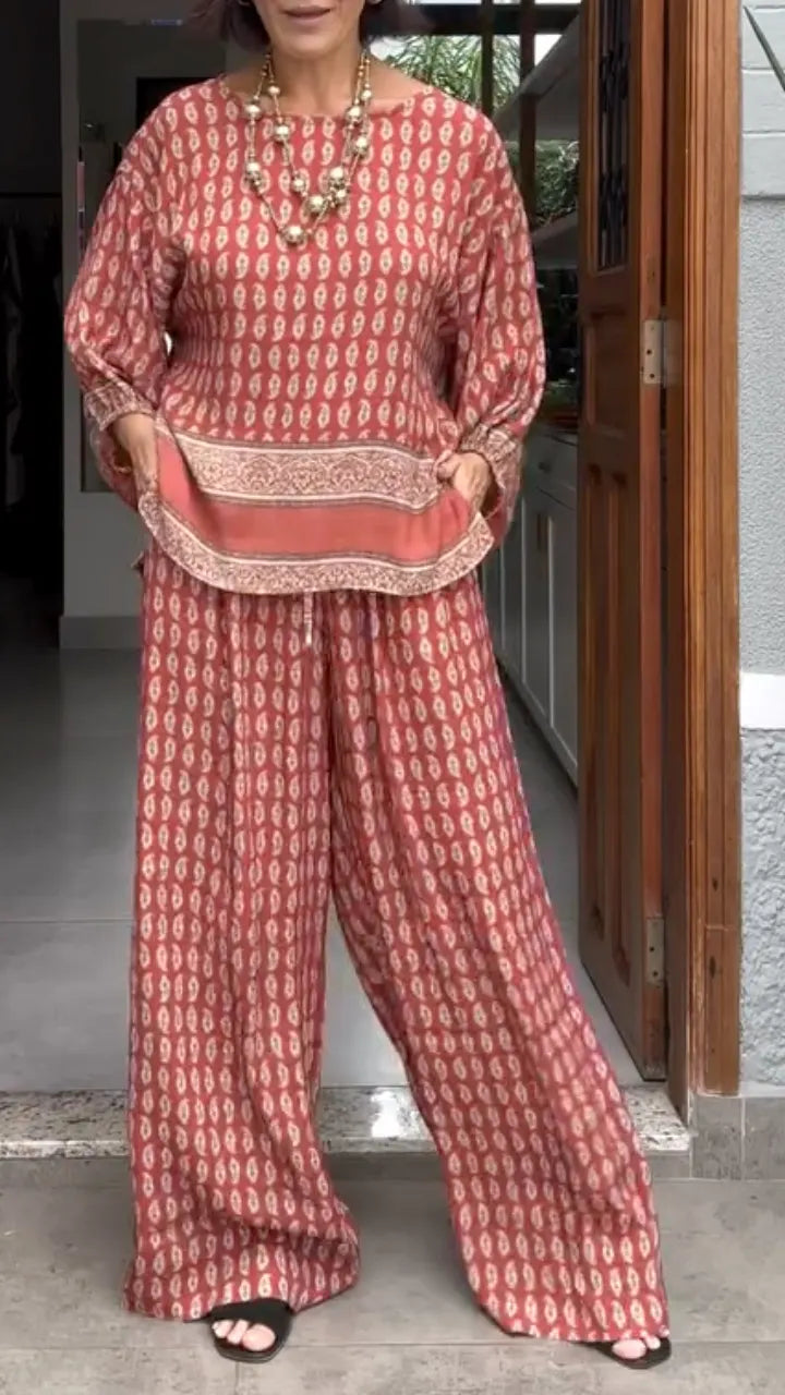 Print Batwing Sleeve Top & Wide Leg Pants Co‑Ord Set