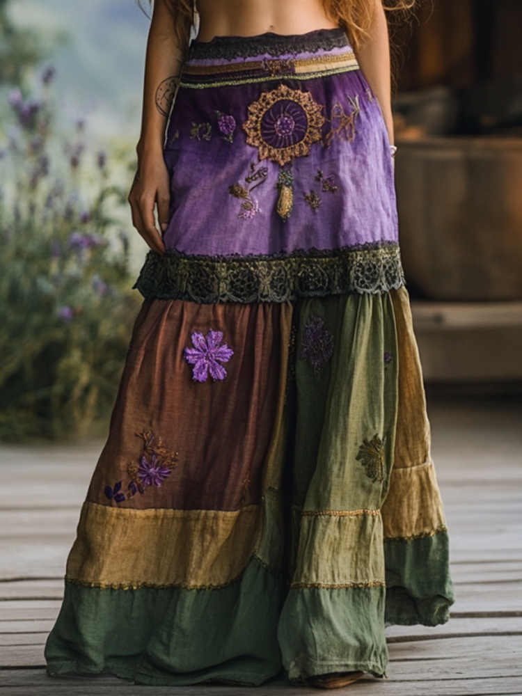 Women's Boho Lavender And Lace Patchwork Embroidered Art Linen Blend Skirt