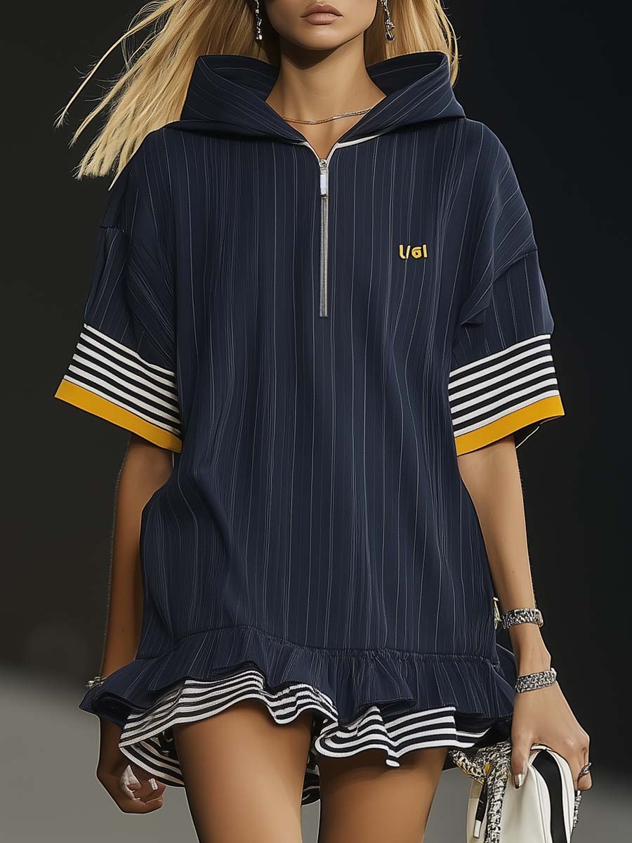 [24-hour shipping out]Casual Ultra-loose Front Zipper Short-sleeved Ruffled Hem Navy Blue Hoodie Style Mini Dress