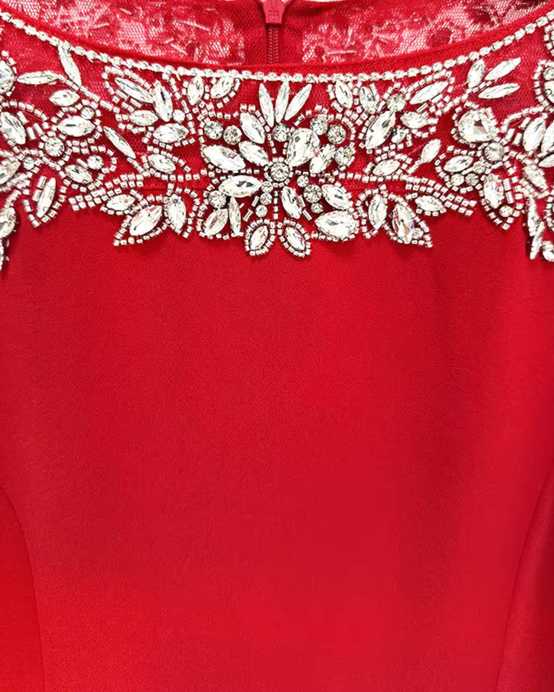 Long Sleeve Crystal Shoulder Midi Dress Red