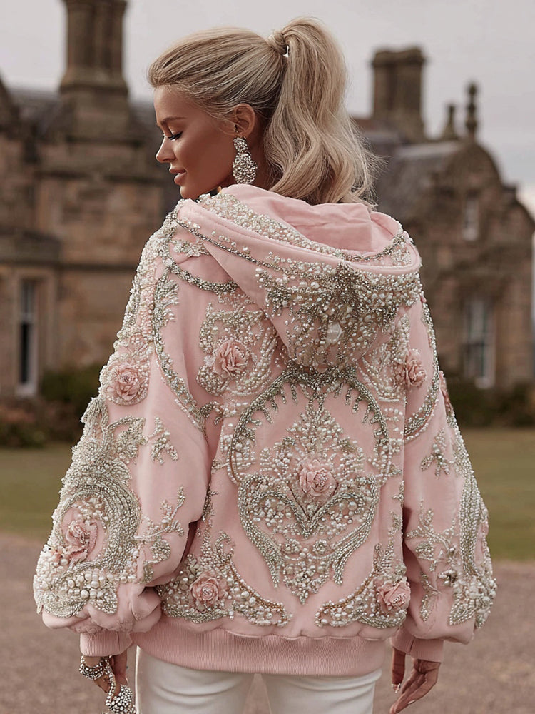 Women's Vintage Rose Embroidery Art Long Sleeve Hoodie