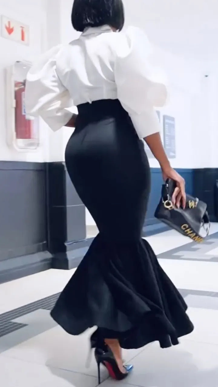 Black & White Bow Blouse + Mermaid Skirt Set