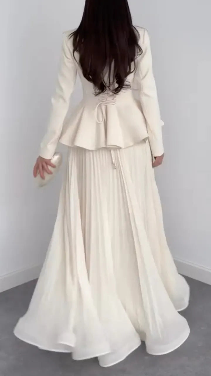 Lace Peplum Jacket & Pleated Maxi Skirt Co‑Ord Set