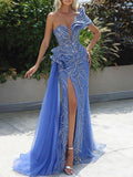 Applique Asymmetric Beaded Split-Side Sleeveless Wrap One-Shoulder Maxi Dresses