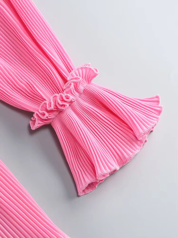Long Sleeve Floral Detail Backless Dress Hot Pink