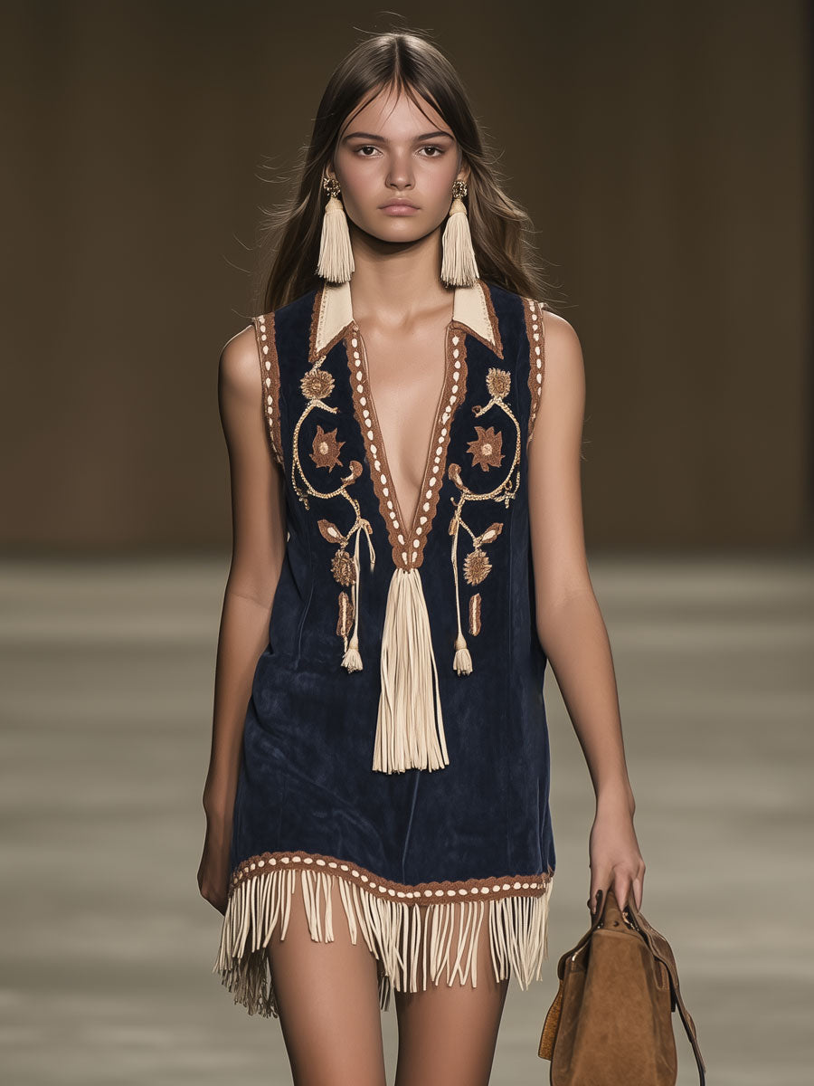 [24-hour shipping out]Casual Loose Vintage Suede Bohemian Embroidered Tassel Sleeveless Mini Dress