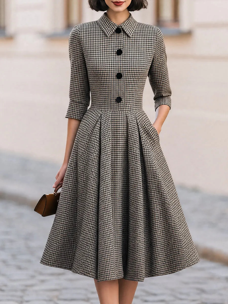 Houndstooth Collared 3/4 Sleeve Button Front A-Line Midi Dress