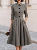 Houndstooth Collared 3/4 Sleeve Button Front A-Line Midi Dress