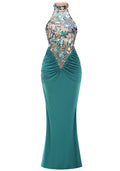 Halter Floral Sequin Embroidered Maxi Dress Green