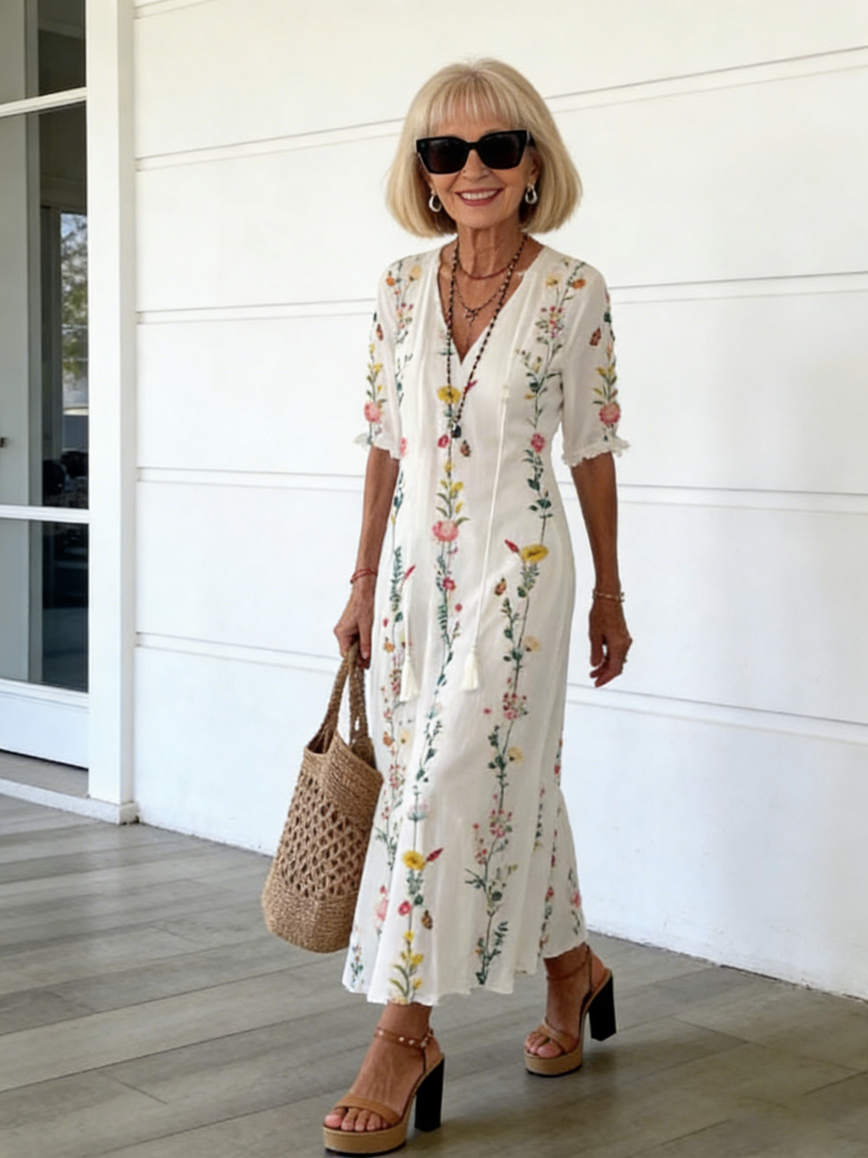 Half Sleeve Floral Print Summer Fall V Neck Casual Geometric Printed Dress