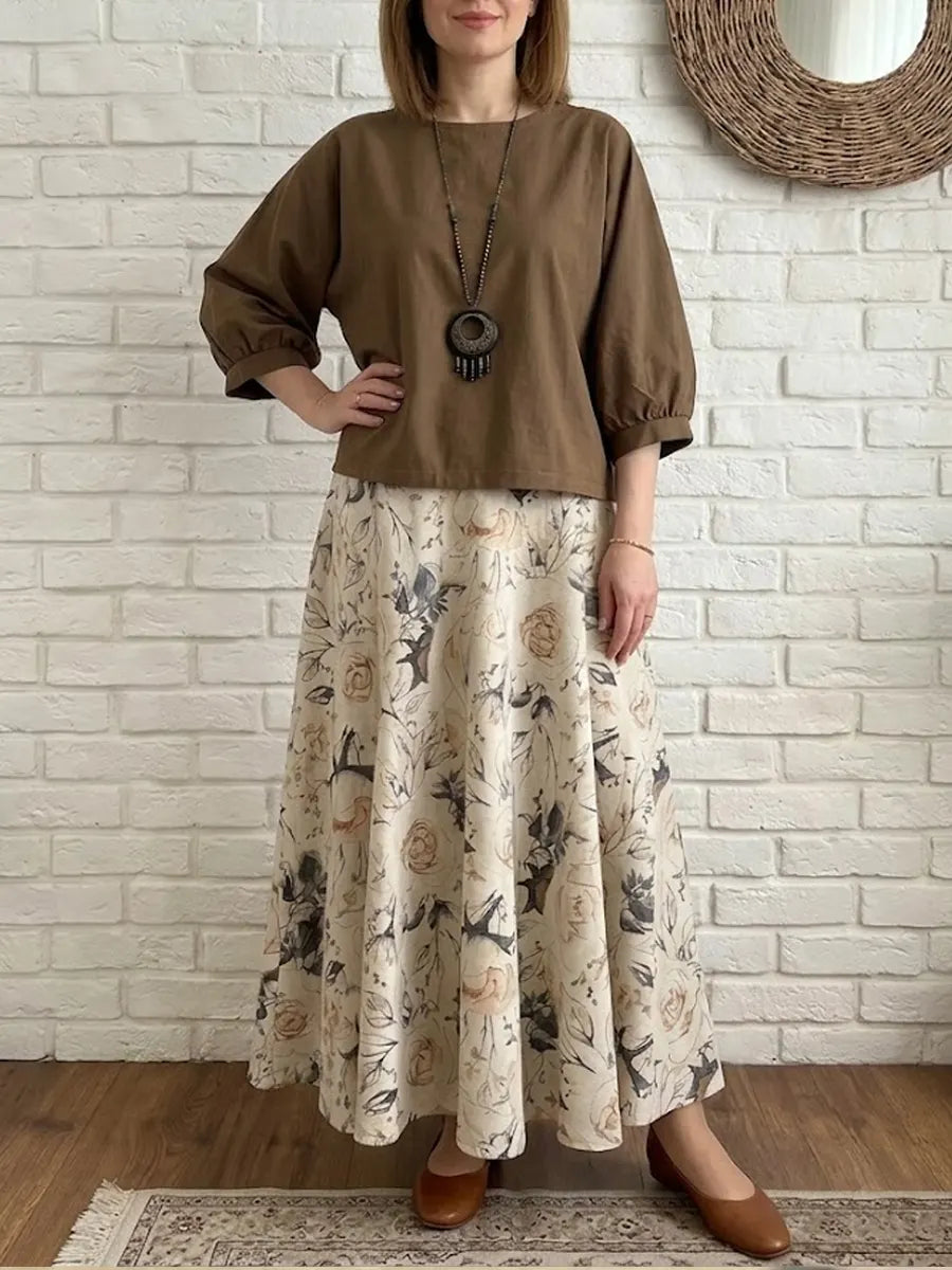 Women's Minimalist Lantern Sleeve Top And Floral Skirt Set
