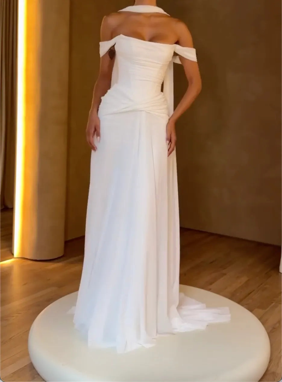 White Off Shoulder Corset Maxi Gown with Neck Scarf for Wedding Bridal Reception Elopement Evening Party Photoshoot