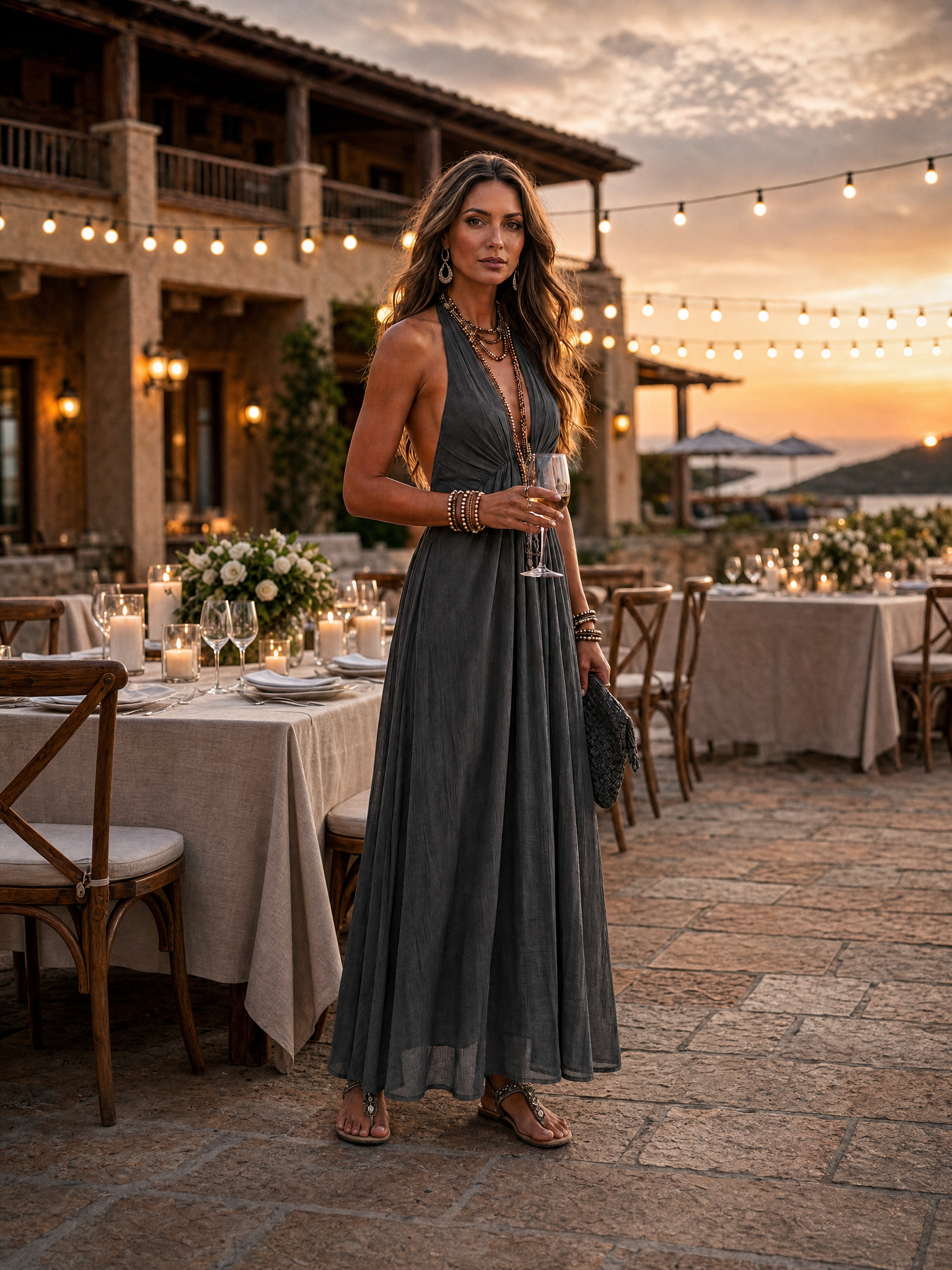 Refined Bohemian Draped Halter Maxi Dress